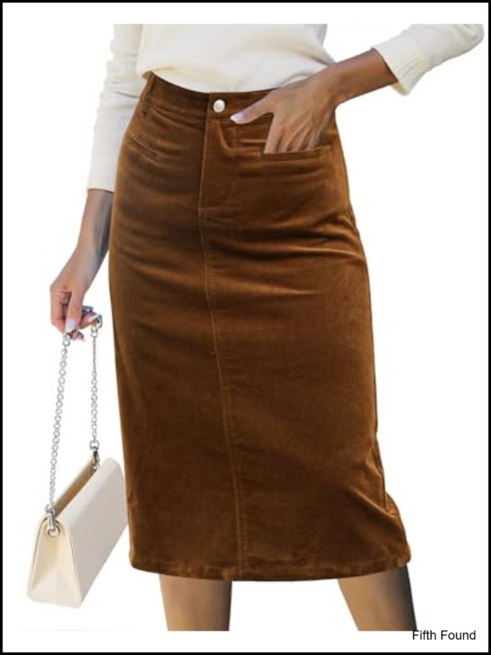 Corduroy Midi Skirt High Waisted Pencil Elastic Waist Welt Pockets Fall Work